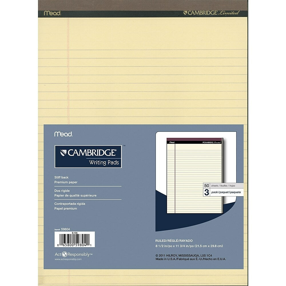 Cambridge Perforated Pads, 8-1/2" x 11-3/4", Wide-Ruled, Ivory, 50 Sheets Per Pad, 3 Pack
