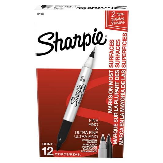 Sharpie Twin-Tip Permanent Markers, Black, 12 Pack