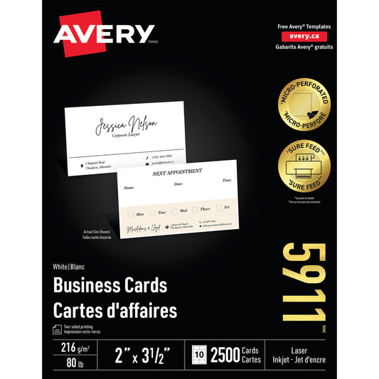 Cartes de visite de qualité supérieure Avery 2" x 3 1/2", pour imprimantes laser - Blanc - paquet de 2500