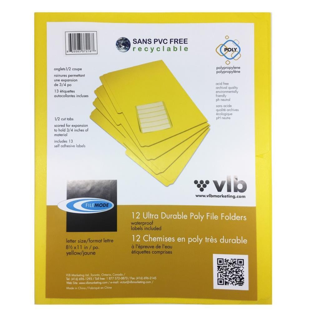VLB Filemode Poly File Folder - 1/2 Cut Letter - Yellow - 12 Pack