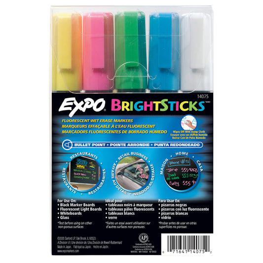 Marqueurs fluorescents effaçables à l'eau Expo Bright Sticks, pointe ogive, assortis, paquet de 5