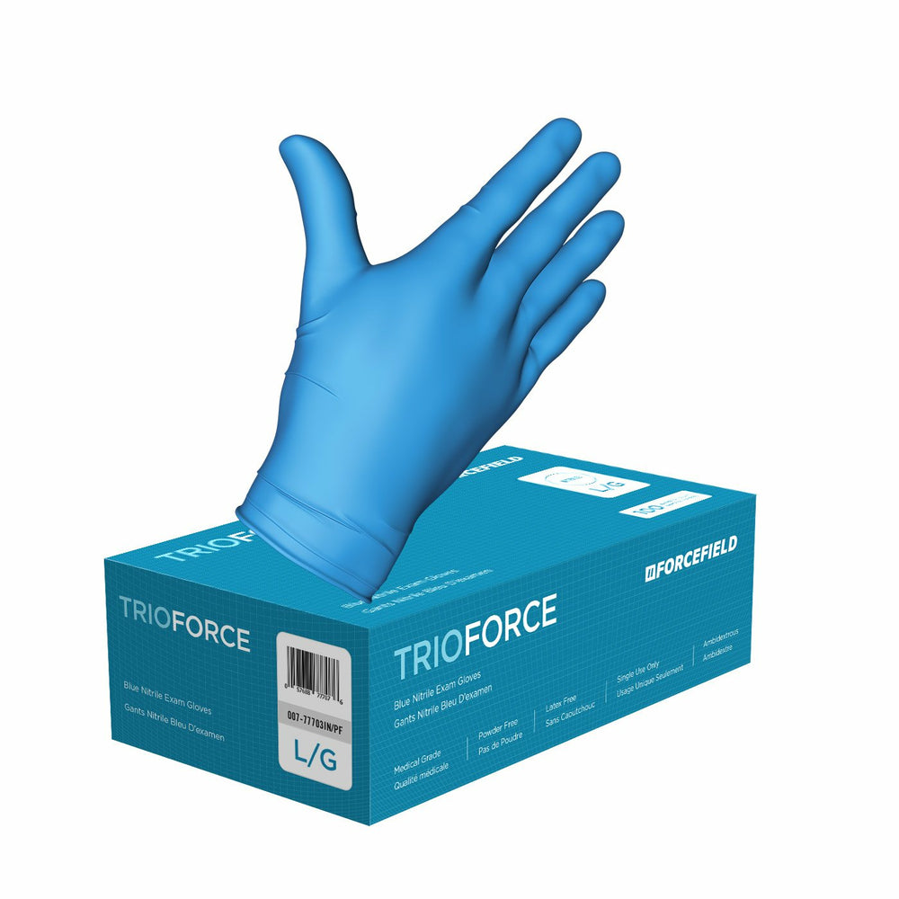 Gants Forcefield Trioforce en nitrile sans poudre – Bleu – Taille L – Paquet de 1 000