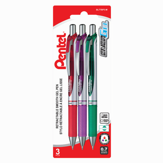 Stylos à encre gel liquide Pentel EnerGel, rétractables, taille moyenne, 0,7 mm, assortis, lot de 3
