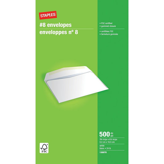 Staples #8 White Premium Gummed Envelopes - 3-5/8" x 6-1/2" - 500 Pack