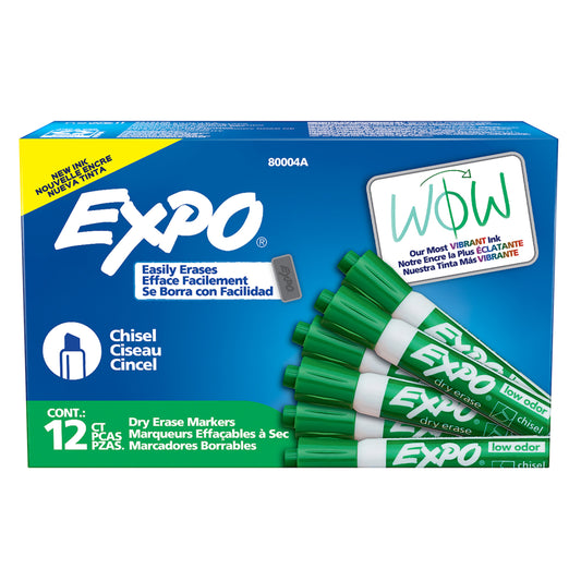 Marqueurs effaçables à sec Expo à faible odeur – Pointe biseautée – Vert – Paquet de 12