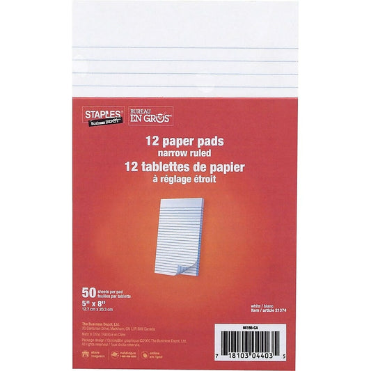 Bloc-notes Staples - Blanc - 5" x 8" - 50 feuilles - Paquet de 12