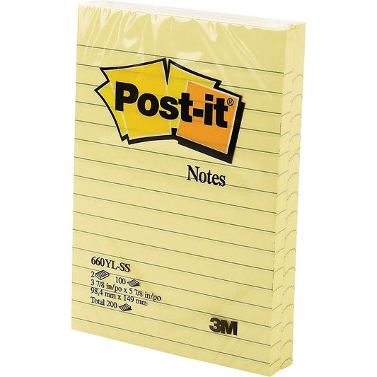 Post-it Notes, Lined, Canary Yellow, 4'' x 6'', 100 Sheets Per Pad, 2 Pack