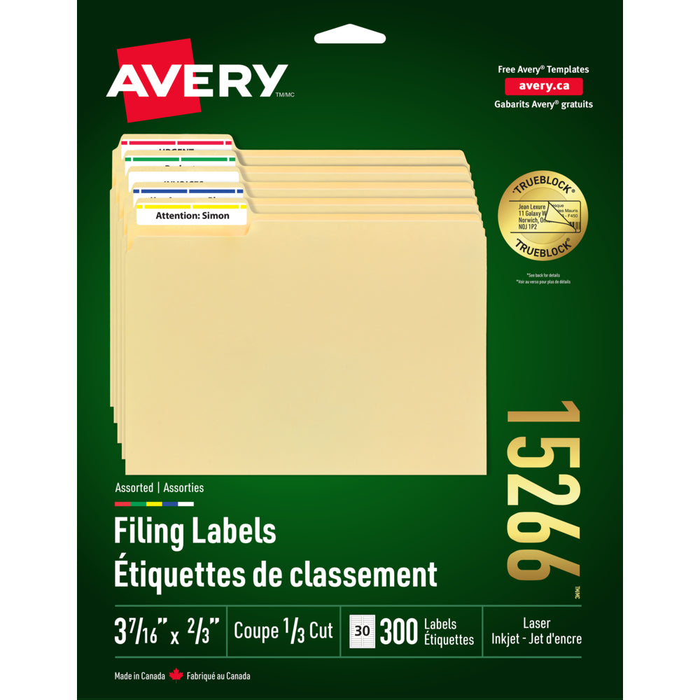 Étiquettes de dossiers laser/jet d'encre Avery TrueBlock assorties, 3-7/16" x 2/3", paquet de 300 (15266)