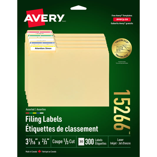 Avery TrueBlock Assorted Laser/Inkjet File Folder Labels, 3-7/16" x 2/3", 300 Pack (15266)