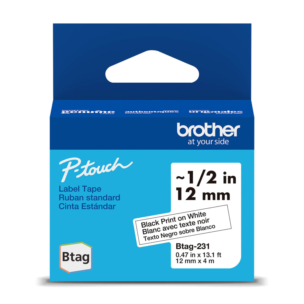 Ruban d'étiquettes Brother BTAG231 d'origine pour étiqueteuses P-touch - Noir sur blanc - 12 mm l x 4 m L