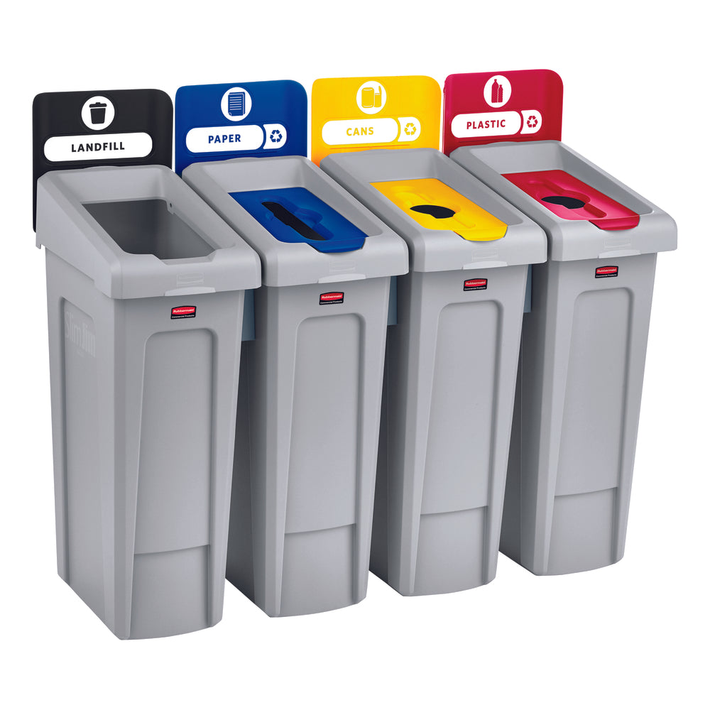 Station de recyclage Rubbermaid Commercial Slim Jim 4 flux (décharge/papier/plastique/canettes)