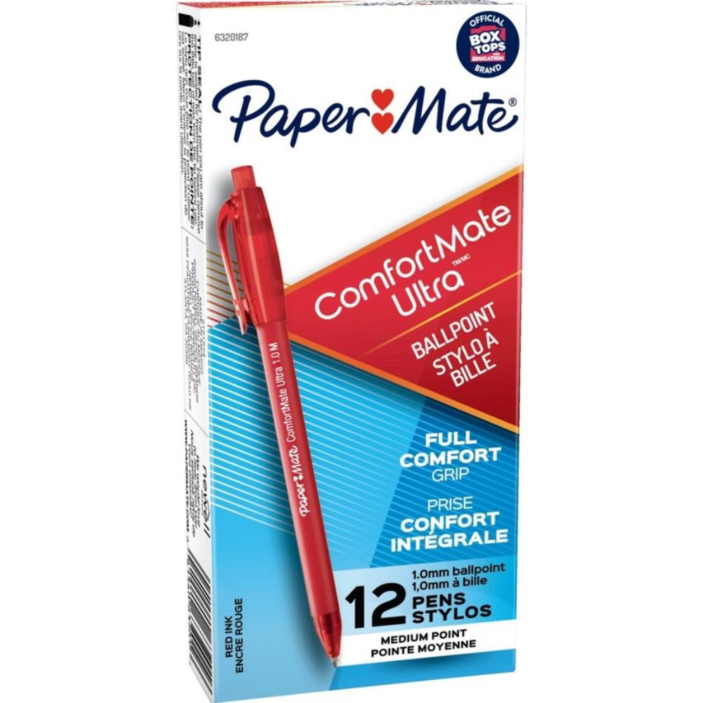 Paper Mate Comfortmate Ballpoint Pens - Retractable - 1.0mm - Red - 12 Pack