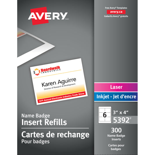 Cartes de recharge pour étiquettes nominatives Avery pour imprimantes laser/jet d'encre - 10,2 cm (l) x 7,6 cm (h) - Blanc - Paquet de 300