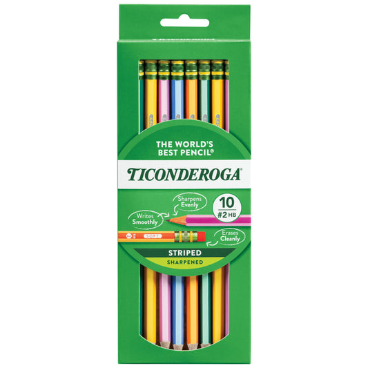 Crayons à papier rayés en bois Ticonderoga taillés – n° 2 HB souple – Lot de 10