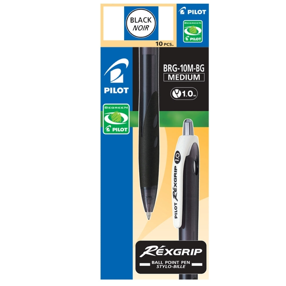 Pilot BeGreen RexGrip Retractable Ballpoint Pen - Medium Point - 1.0 mm - Black - 10 Pack