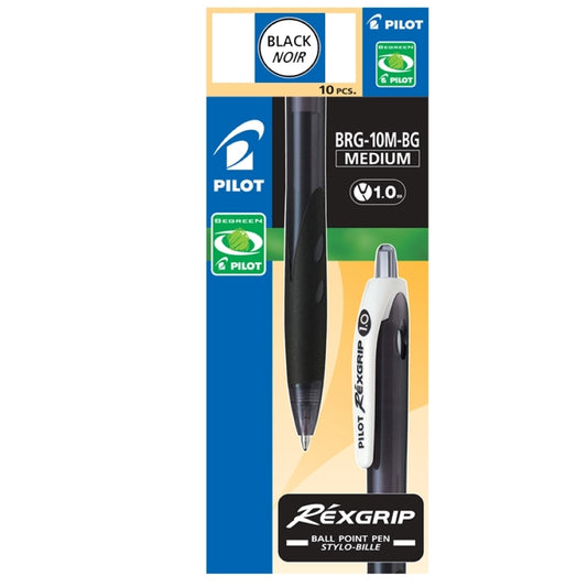 Pilot BeGreen RexGrip Retractable Ballpoint Pen - Medium Point - 1.0 mm - Black - 10 Pack