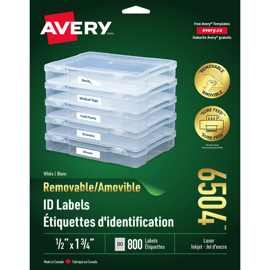 Étiquettes d'identification amovibles blanches Avery pour imprimantes laser/jet d'encre, 4,4 cm x 1,27 cm, paquet de 800 (06504)