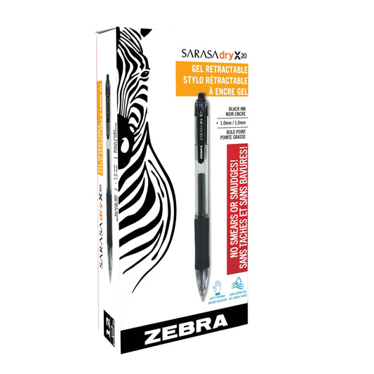 Stylo à encre gel rétractable Zebra Sarasa - Pointe épaisse - 1,0 mm - Encre noire - Lot de 12
