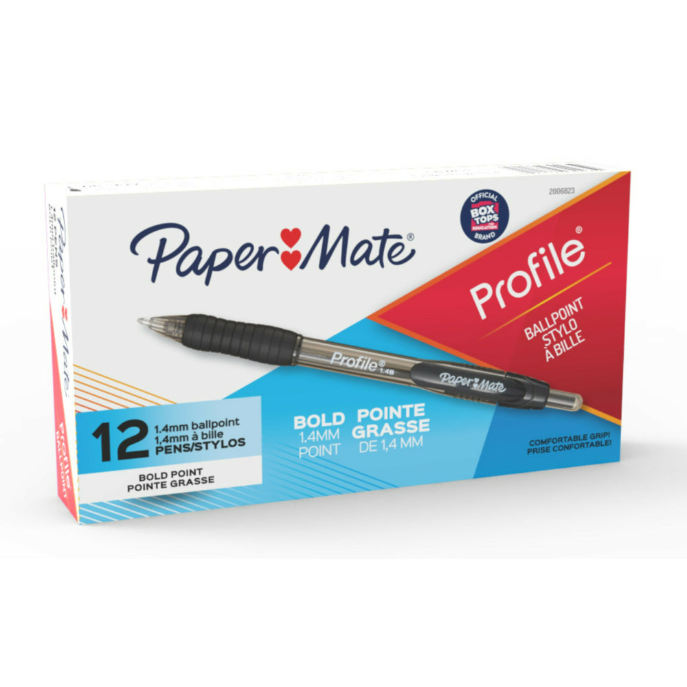 Stylos à bille rétractables Paper Mate Profile - Pointe épaisse - 1,4 mm - Noir - Lot de 12