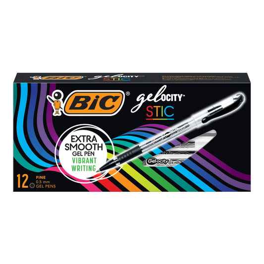 BIC Gel-ocity Stic Gel Pens - 0.5mm - Black - 12 Pack