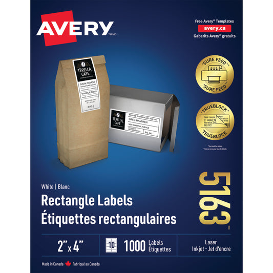 Étiquettes d'expédition Avery TrueBlock pour imprimantes laser/jet d'encre - 10,2 cm x 5,1 cm - Blanches - Paquet de 1000 (5163)