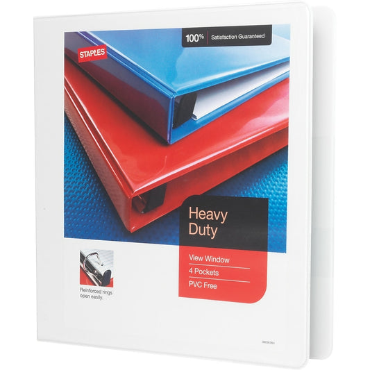Staples Heavy-Duty View Binder with D-Rings - 1 1/2" - White