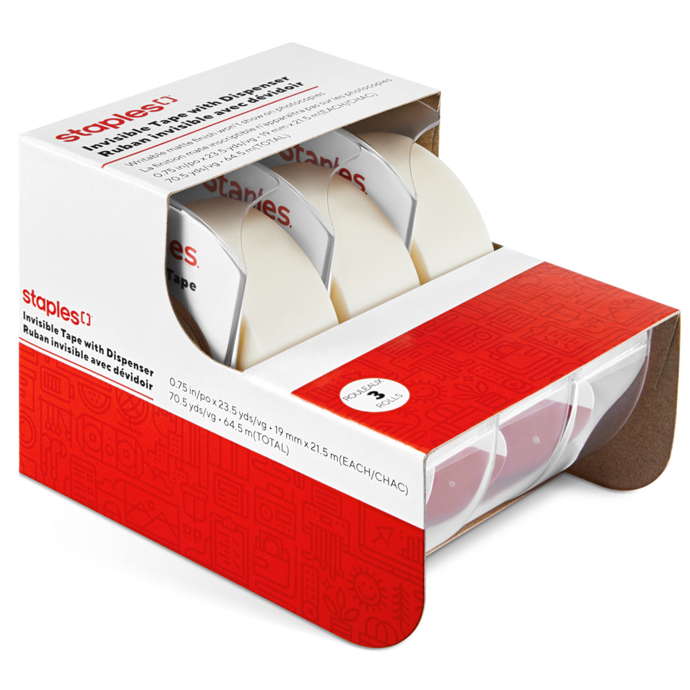 Ruban adhésif invisible Staples avec dévidoir – 19 mm x 21,5 m – Paquet de 3