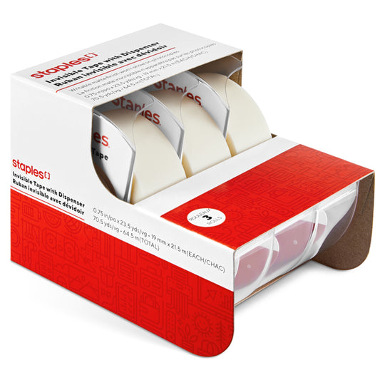 Staples Invisible Tape with Dispenser - 19 mm x 21.5 m - 3 Pack