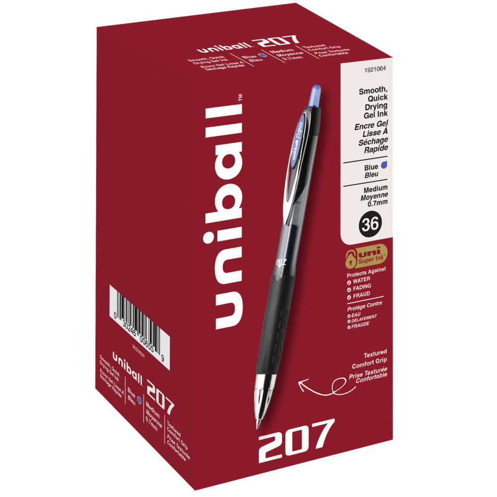 Stylos gel rétractables Uni-Ball 207 - Pointe moyenne - 0,7 mm - Encre bleue - Lot de 36