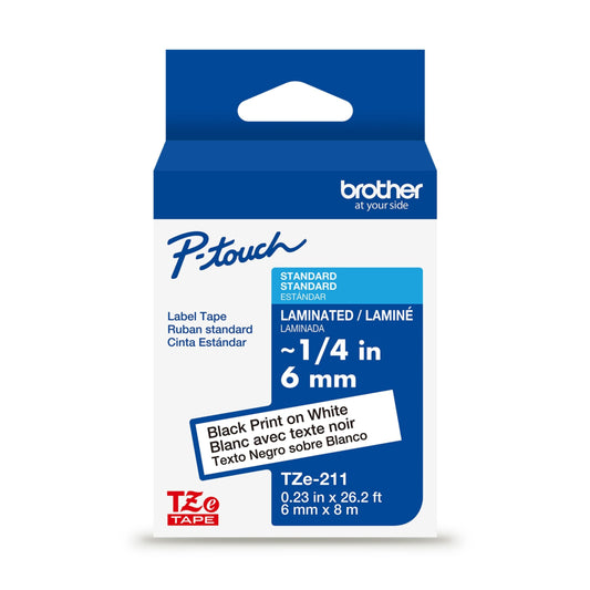 Ruban laminé noir sur blanc Brother TZe211 d'origine pour étiqueteuses P-touch, 6 mm de large x 8 m de long