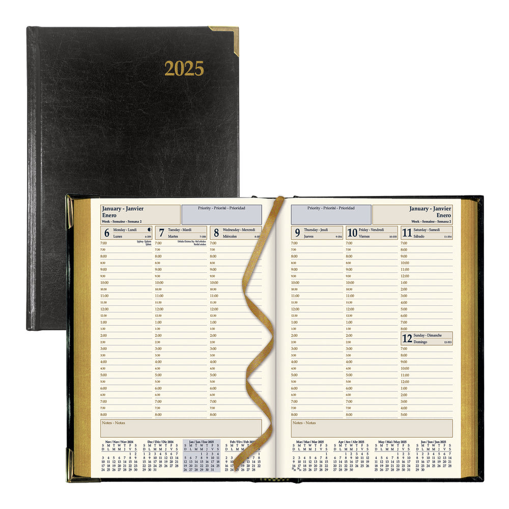 Brownline 2025 Executive Weekly Planner Sewn Binding - 8-3/16" x 5-5/8" - Black - Trilingual