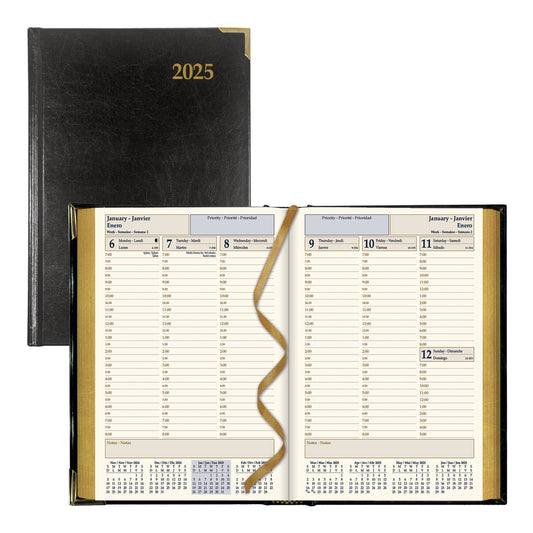 Brownline 2025 Executive Weekly Planner Sewn Binding - 8-3/16" x 5-5/8" - Black - Trilingual