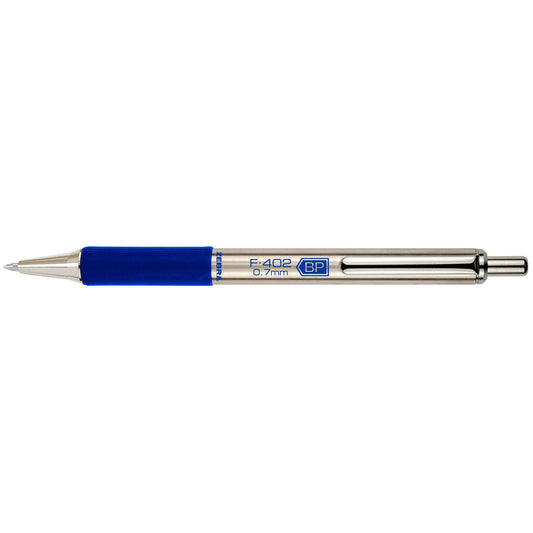 Stylo à bille rétractable Zebra F-402 en acier inoxydable - Poignée caoutchoutée bleue - Pointe fine - 0,7 mm - Encre bleue