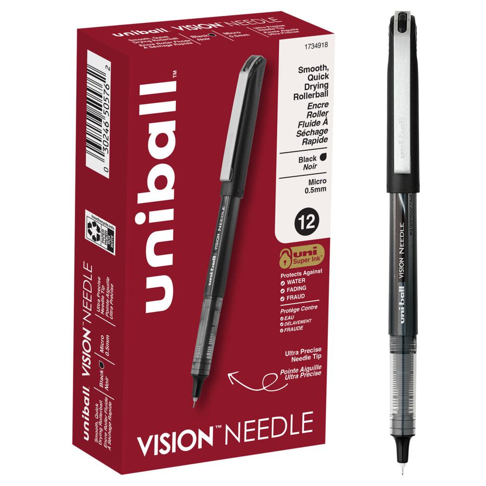 uni-ball Vision Needle Rollerball Pens - Micro Point (0.5mm) - Black - 12 Pack