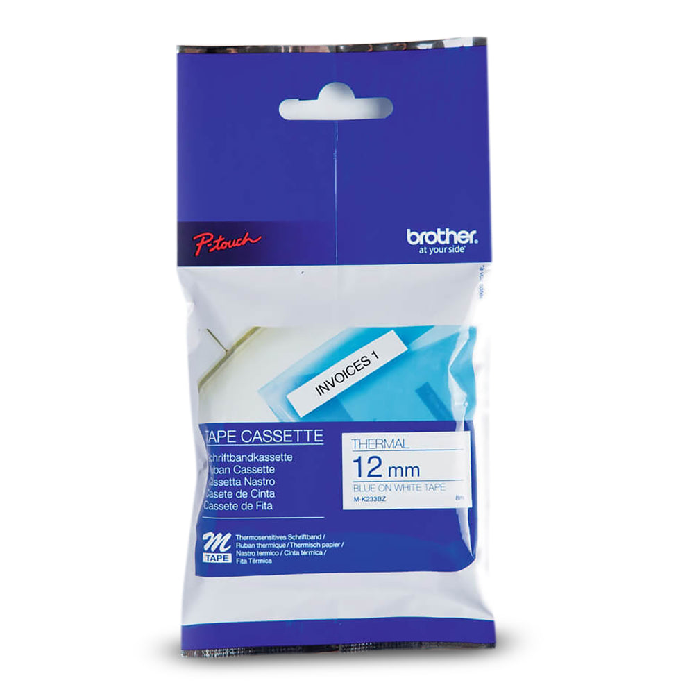 Brother P-Touch Non-Laminated Labeling Tape - 12mm - Blue on White