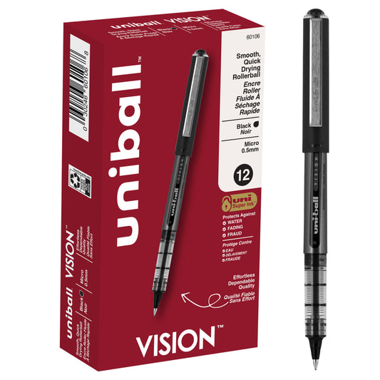 uni-ball Vision Rollerball Pens - 0.5mm - Black - 12 Pack