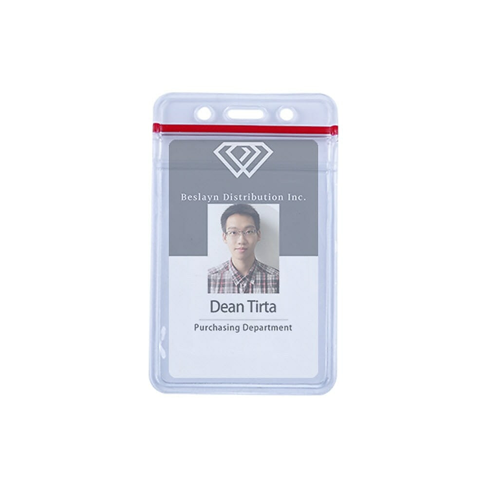 Beslayn Heavy Duty Vinyl ID Badge Holder with Resealable Red Zipper, Vertical 2-3/8" x 3-3/8", Clear, 50 Pack