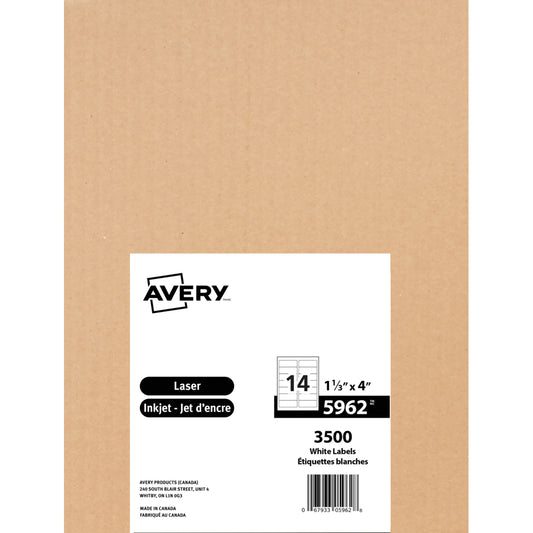 Étiquettes postales Avery 4" x 1 1/3" faciles à décoller pour imprimantes laser - Blanc - Paquet de 3 500
