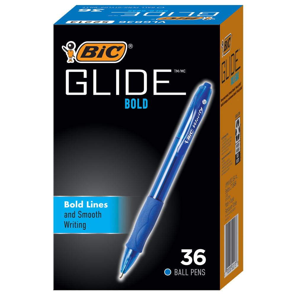 Stylos à bille rétractables BIC Glide Bold - Bleu - Lot de 36