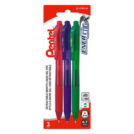 Pentel EnerGel-X Retractable Pen - Medium Point - 0.7mm - Assorted Colours - 3 Pack