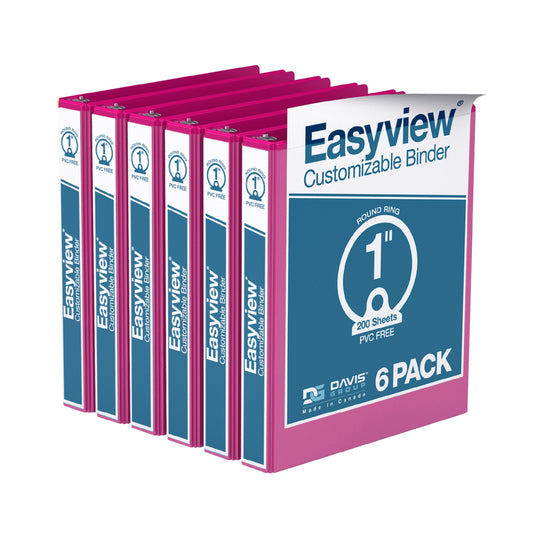 Classeur personnalisable Davis Group Easyview Premium 1" à 3 anneaux - Anneau rond - Rose - Paquet de 6