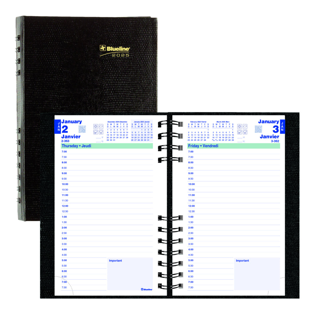 Blueline 2025 CoilPro Daily Planner Hard Lizard-Like Cover - 8" x 5" - Black - Bilingual