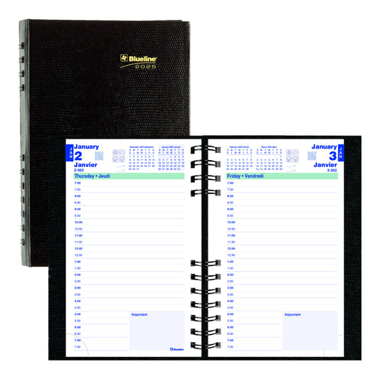 Blueline 2025 CoilPro Daily Planner Hard Lizard-Like Cover - 8" x 5" - Black - Bilingual