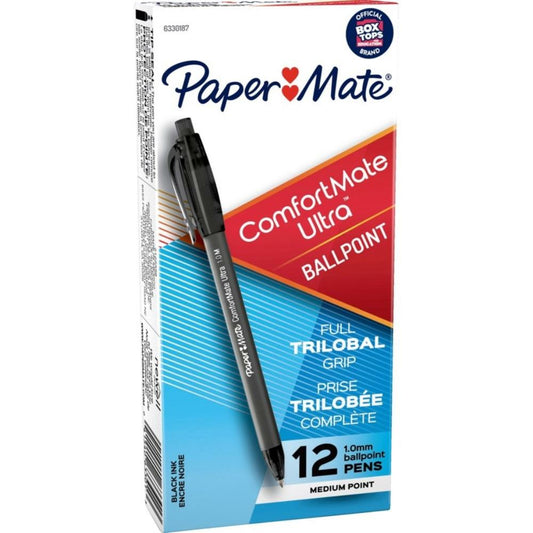 Stylos à bille Paper Mate Comfortmate Ultra - Rétractables - 1,0 mm - Noir - Lot de 12