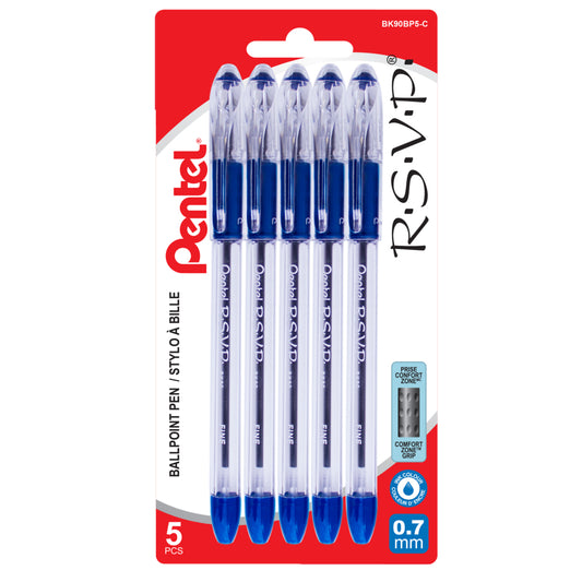 Pentel R.S.V.P. Ballpoint Stick Pen, 0.7mm, Blue, 5 Pack