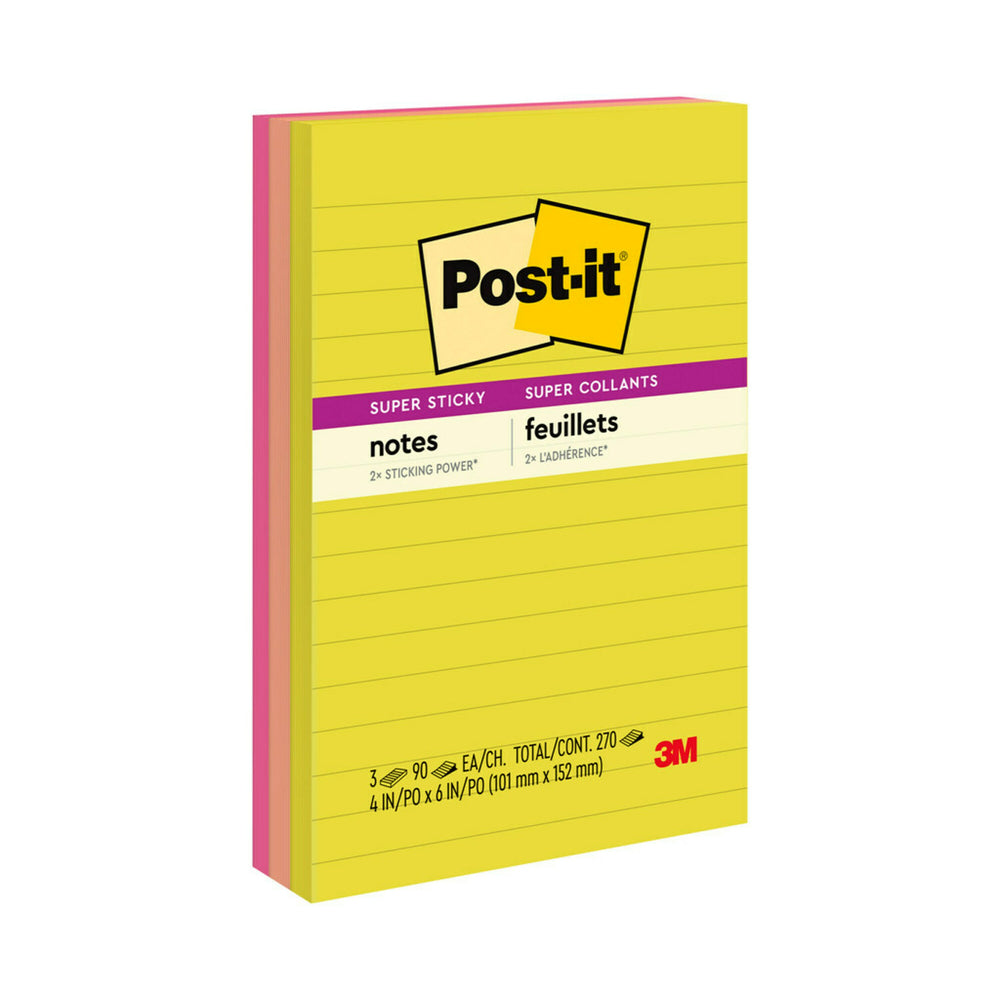 Notes Post-it Super Sticky - 4" x 6" - Collection Summer Joy - Lignées - 270 feuilles - Paquet de 3