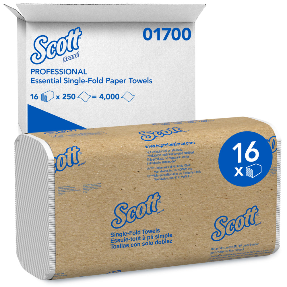 Essuie-tout Scott Essential à pli simple - 250 essuie-tout par paquet, 16 paquets par caisse