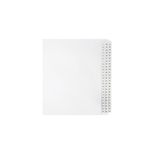Onglets numériques Sterling, n° 1 à 75, blancs, format lettre, coupe 1/25e, 75/jeu, 1/pqt