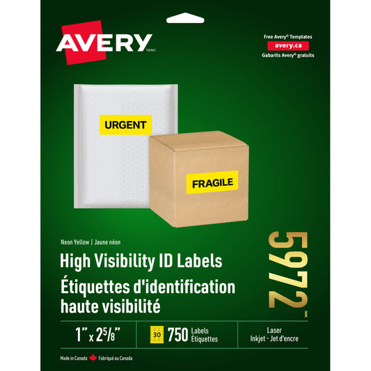 Étiquettes haute visibilité Avery jaune fluo pour imprimantes laser/jet d'encre, 2-5/8" x 1", paquet de 750 (05972)