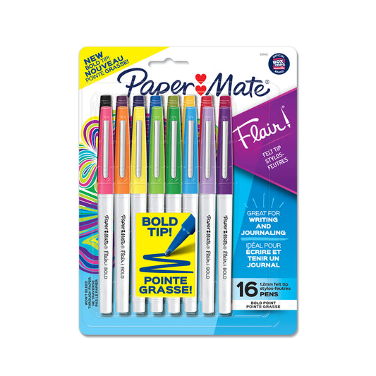 Paper Mate Flair Felt Tip Pens - 1.2 mm - Assorted Colours - 16 Pack